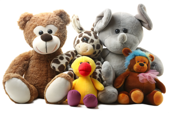 Group of stuffed animal toys on white background isolated on a transparent background.PNG