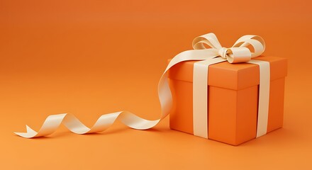An elegant orange gift box tied with a curly cream ribbon, set against a plain, matching orange background.
