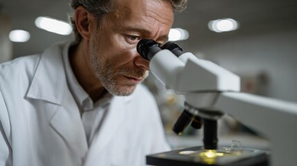 Gray-haired Caucasian male scientist peers intently through microscope, evoking curiosity and wonder, Mole Day research, unexpected discoveries