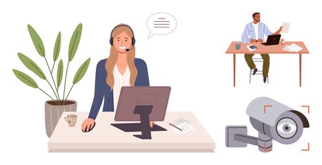 Woman assisting via headset at desk, man working remotely with laptop and papers, wall-mounted security camera. Ideal for customer service, remote work, surveillance, communication, professionalism