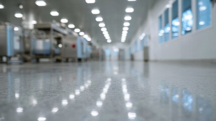 Fototapeta premium Polished sterile floor glimmers under fluorescent glow, echoing industrial whispers, innovation's cradle for National Inventors Month celebration