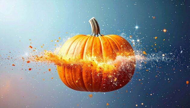 Vibrant pumpkin explodes with bright orange energy against a cosmic blue background, symbolizing autumn magic.