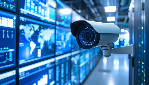 CCTV Security Camera in Data Center Monitoring Global Information.