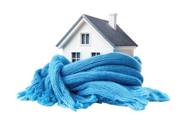 Small house wrapped in a warm blue knitted scarf isolated on transparent background. House wrapped in blue scarf isolated on white background.