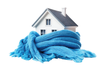 Small house wrapped in a warm blue knitted scarf isolated on transparent background. House wrapped in blue scarf isolated on white background.