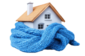 Small house wrapped in a warm blue knitted scarf isolated on transparent background. House wrapped in blue scarf isolated on white background.