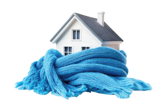 Small house wrapped in a warm blue knitted scarf isolated on transparent background. House wrapped in blue scarf isolated on white background.