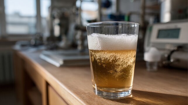 Effervescent amber brew glistens in sunlit alchemy workspace, beckoning Oktoberfest revelry and National Homebrew Day celebrations