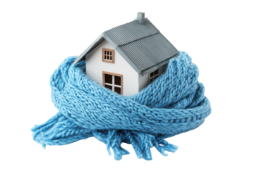 Small house wrapped in a warm blue knitted scarf isolated on transparent background. House wrapped in blue scarf isolated on white background.