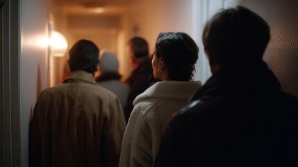 In dimly lit corridor, diverse modern gypsies converge for clandestine gathering, evoking Night of the Radishes intrigue