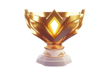 Golden trophy with diamond shape opening isolated on transparent background. Winner golden trophy cup isolated on white background.
