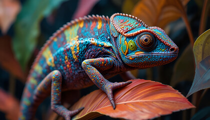 A colorful chameleon perched on a leaf in a lush, vibrant environment