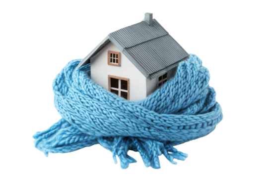 Small house wrapped in a warm blue knitted scarf isolated on transparent background. House wrapped in blue scarf isolated on white background. - Powered by Adobe