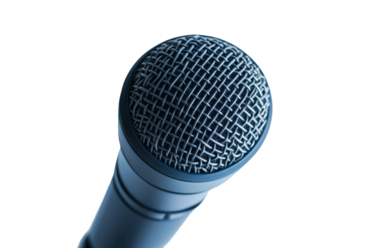 Close up of a blue microphone head isolated on transparent background. Wired microphone isolated on white background.