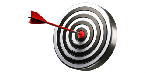 Red dart hitting bullseye on target board isolated on a transparent background 
