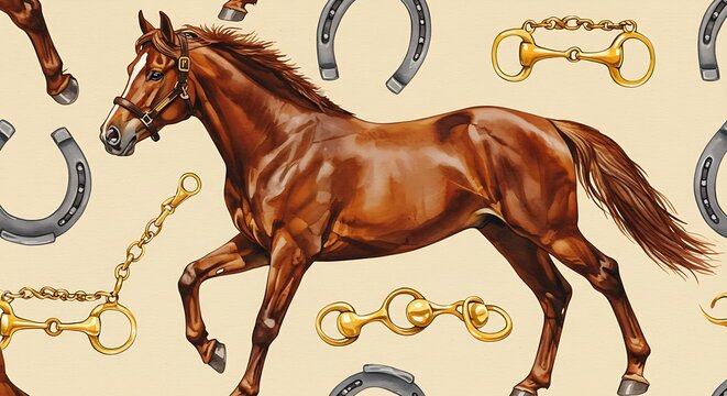 Elegant brown horse with horse tack seamless pattern for design