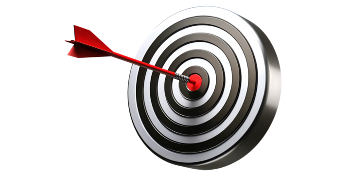 Red dart hitting bullseye on target board isolated on a transparent background 