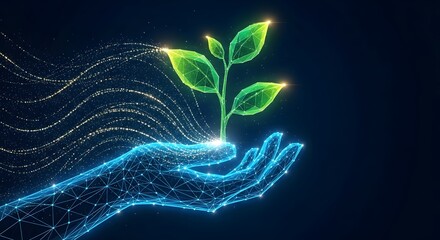 Digital helping hand for sustainable development. Future green technology and global conservation. Wireframe hand holding a glowing polygonal plant with golden data particles flowing away.