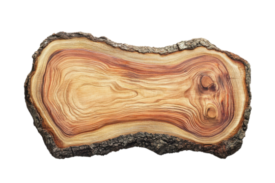 Cross section of a tree trunk with bark and rings isolated on transparent background. Wooden floor in warm tones isolated on white background.