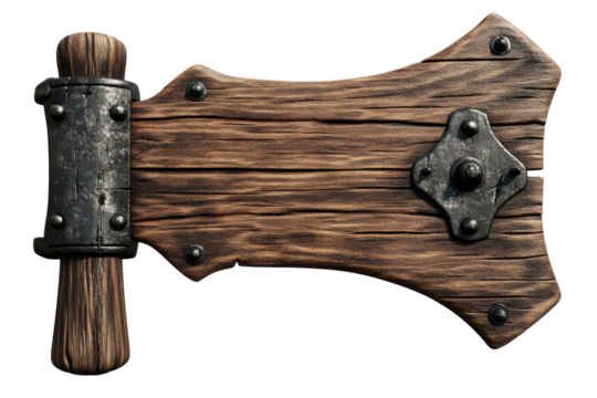 Rustic wooden sign with metal accents isolated on transparent background.