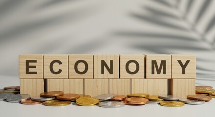 Wooden blocks spelling economy beside a collection of coins