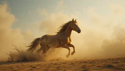 A majestic horse gallops through a dusty landscape at golden hour light
