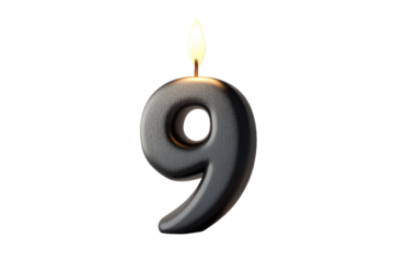Black number nine candle with flame isolated on transparent background. Candle shaped as the number nine black and gray tones in a retro vintage style isolated on white background.