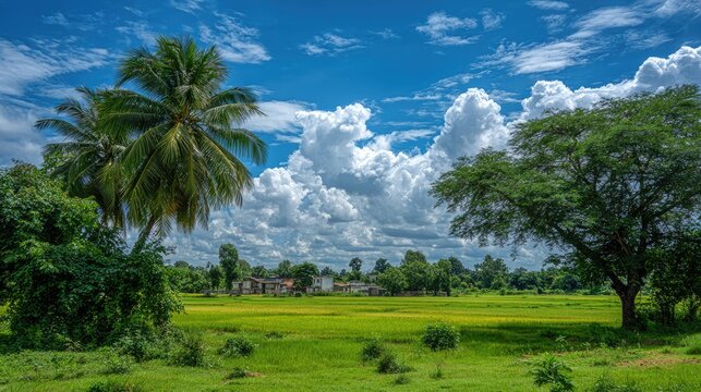 Lush rice paddy landscape under a vibrant sky