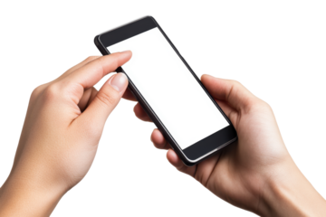Person holding a smartphone with a blank screen isolated on transparent background. Hand holding mobile phone white screen mockup index finger tapping on smartphone isolated on white background.