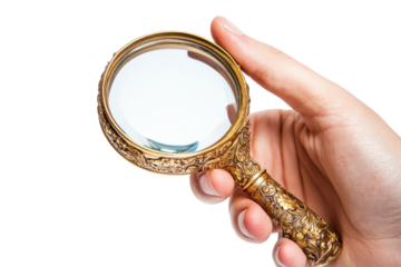 Ornate antique magnifying glass held in hand isolated on transparent background. Hand holding magnifier loupe magnifying lens glass isolated on white background.