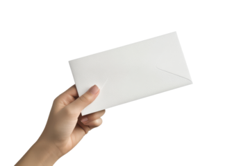 Hand holding a paper envelope isolated on transparent background. Hand holding postcard mockup isolated on white background.