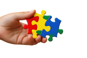 Hand holding colorful puzzle pieces isolated on transparent background. Hand holding single piece of puzzle isolated on white background.