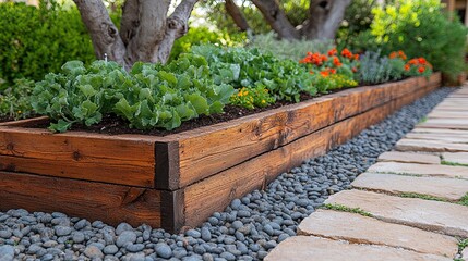 Elevated garden bed featuring thriving plants, rustic wood construction, and stone path