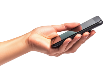 Hand holding a modern smartphone isolated on transparent background. Hand holding smart phone screen mockup isolated on white background.