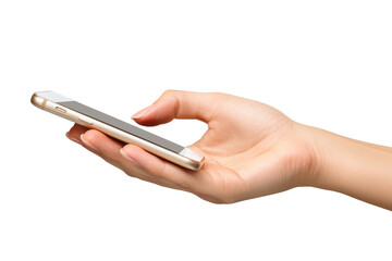 Hand holding and using a smartphone isolated on transparent background. Hand with phone mockup in vertical position isolated on white background.