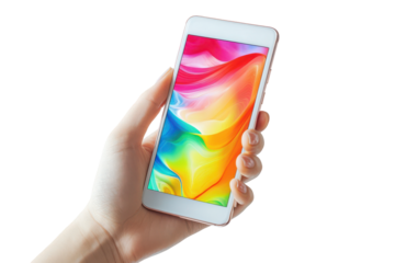 Hand holding a modern smartphone with a colorful abstract wallpaper isolated on transparent background. Hand holding smart phone screen mockup isolated on white background.
