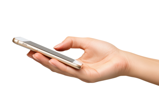 Hand holding and using a smartphone isolated on transparent background. Hand with phone mockup in vertical position isolated on white background.