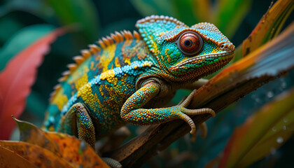 A colorful chameleon perched on a branch in a vibrant, natural setting