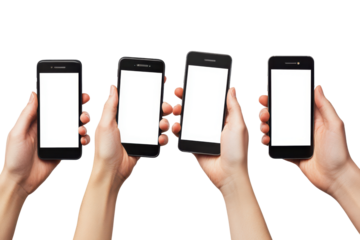 Multiple hands holding smartphones with blank screens isolated on transparent background. Hands holding mobile phone white screen mockup set isolated on white background.