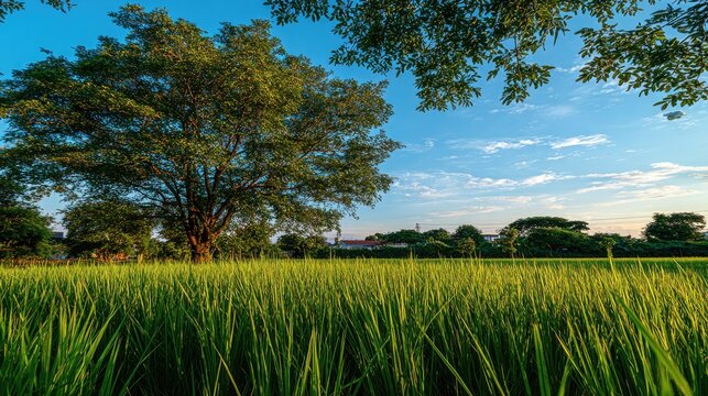 Lush rice paddy with large tree, vibrant sunset sky