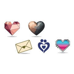 A collection of stylized heart icons and a love letter symbol, rendered in a modern geometric and abstract artistic style.