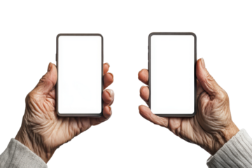 Elderly hands holding two smartphones with blank screens isolated on transparent background. Mobile phone mockup in old female hands set Smartphone screen mockup isolated on white background.