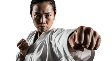 Intense female martial artist in a white gi throwing a powerful punch with a focused determined expression.