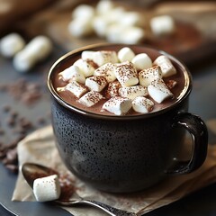 Indulgent hot chocolate with marshmallows and cocoa powder in a rustic mug for a comforting and delicious winter beverage
