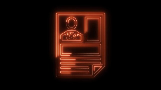 Glowing neon resume cv icon animation on black background business concept design