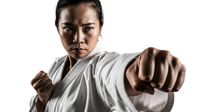 Intense female martial artist in a white gi throwing a powerful punch with a focused determined expression.