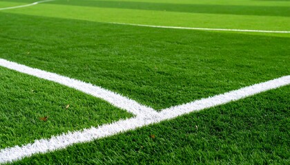 Fototapeta premium Corner of a soccer field with green artificial turf, white lines, and sport background.