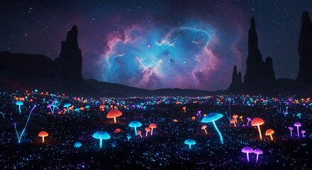 Surreal night landscape with glowing mushrooms under a vibrant nebula sky