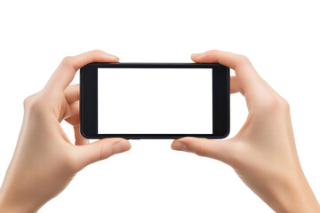 Fototapeta premium Hands holding a smartphone horizontally with a blank screen isolated on transparent background. Mobile phone mockups set smartphone screen mockup frame in hand isolated on white background.