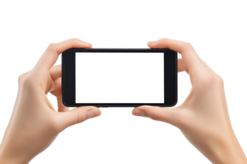 Hands holding a smartphone horizontally with a blank screen isolated on transparent background. Mobile phone mockups set smartphone screen mockup frame in hand isolated on white background.